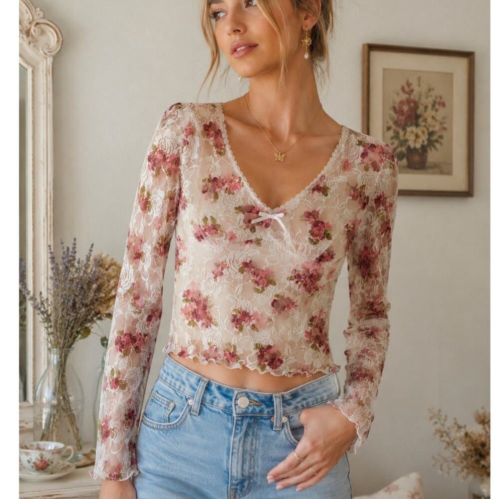 IN San Francisco Floral Lace Mesh Top Romantic Sheer Long Sleeve Crop S NWT